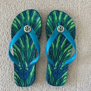Tory Burch peacock feather printed flip flops